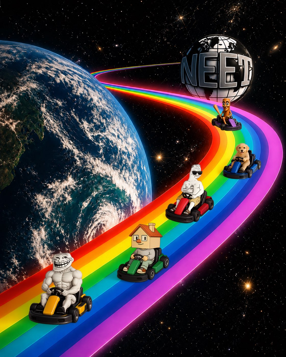 Meme characters racing go-karts on a rainbow through space